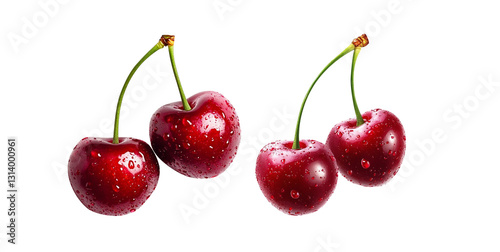 Photorealistic Cherries Bright Red Glossy Juicy with Stems on White Background High Detail Macro Photography