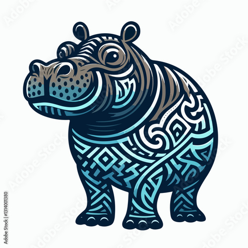 Ornate Hippo Illustration: A whimsical artistic rendition of a hippopotamus with intricate tribal-inspired patterns adorning its body, evoking a sense of cultural design and artistic creativity.