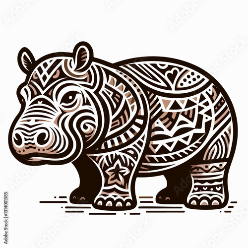 Ornate Hippopotamus Illustration: A stylized illustration of a hippopotamus adorned with intricate geometric patterns, capturing the essence of artistry and wildlife in a unique and captivating way.