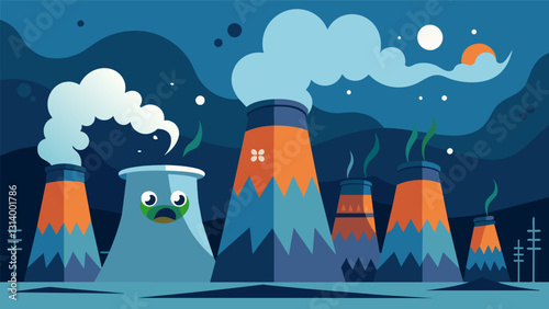 An eerie silence broken by the occasional roar of steam being released from the cooling towers.. Vector illustration