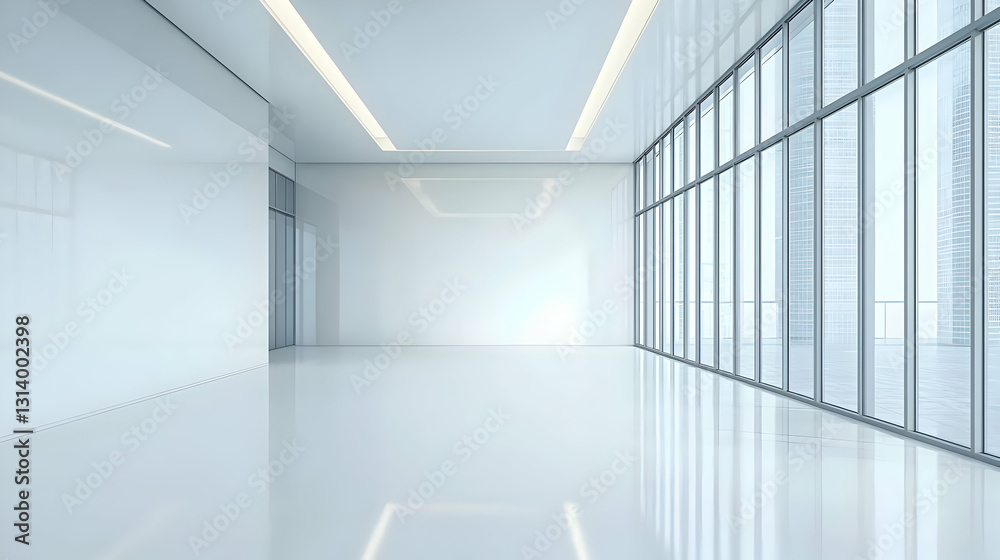 Fototapeta premium Bright White Modern Office Interior With Large Windows And City View In Empty Open Space Design