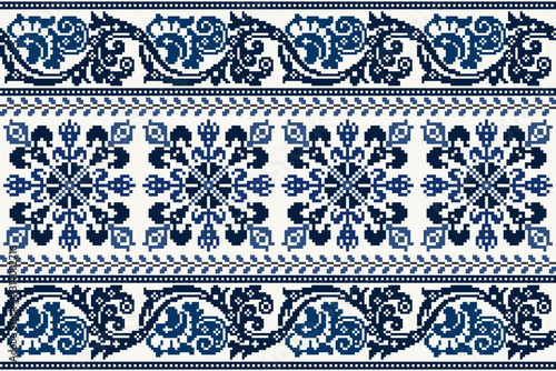 Pixel art embroidery pattern. Repeating Baroque ornament pattern design with floral. Symmetrical and Clean, white background. For use as neckline embroidery, neckline design, print, textile, carpet.