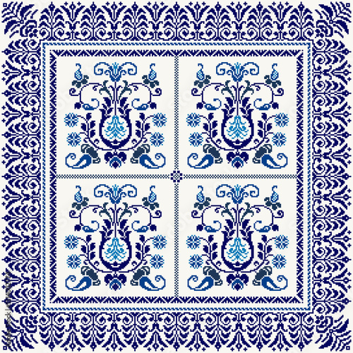 Square seamless Blossom Floral traditional pixel Geometric ethnic pattern design. Detailed Vector for pillowcase, rugs, carpet tile, embroidery, wallpaper, print, textile, mosaic, ceramic, patchwork.