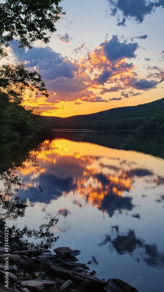 Fototapeta premium Serene Sunset Reflection Over Calm Water Surrounded by Green Hills