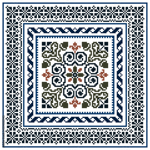 Square seamless Baroque traditional pixel Geometric ethnic pattern design. Detailed Vector for pillowcase, rugs, carpet tile, embroidery, wallpaper, print, textile, mosaic, ceramic, patchwork.