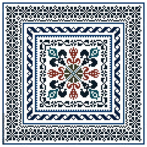 Square seamless Baroque traditional pixel Geometric ethnic pattern design. Detailed Vector for pillowcase, rugs, carpet tile, embroidery, wallpaper, print, textile, mosaic, ceramic, patchwork.
