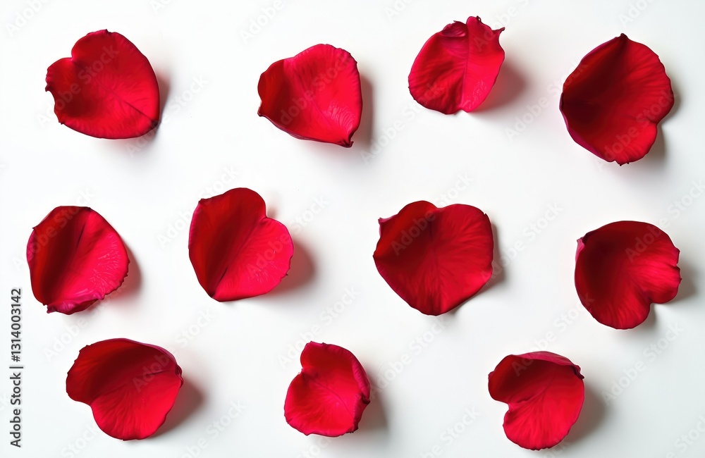 Fototapeta premium Elegant rose petal collection isolated on plain white. Valentine day floral theme backdrop. Red flower petals scattered romantic design. Real fresh macro petals. Love, wedding celebration background.
