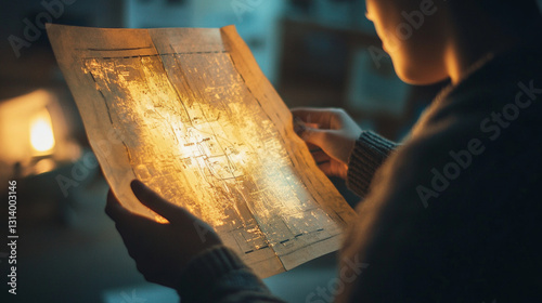 A person holding an old map that suddenly transforms into a futuristic hologram.