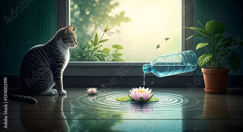 A curious cat gazes at a tiny aquarium in a glass jar. Concept of domesticated nature and curiosity. Amazing digital illustration. CG Artwork Background