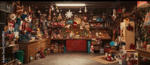 A cluttered basement workshop decorated with Christmas ornaments and toys with two small elf figures in the foreground.