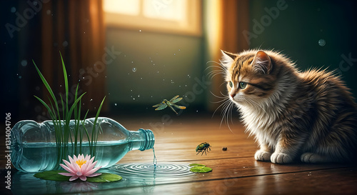 A curious cat gazes at a tiny aquarium in a glass jar. Concept of domesticated nature and curiosity. Amazing digital illustration. CG Artwork Background