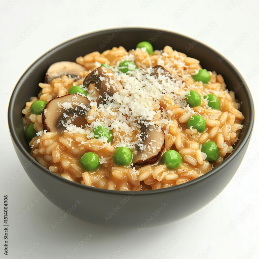 A bowl of creamy risotto with mushrooms, green peas, and grated cheese, offering a savory and nutritious dish. A bowl of creamy risotto with mushrooms, green peas, and grated cheese, offering a savory and nutritious dish.