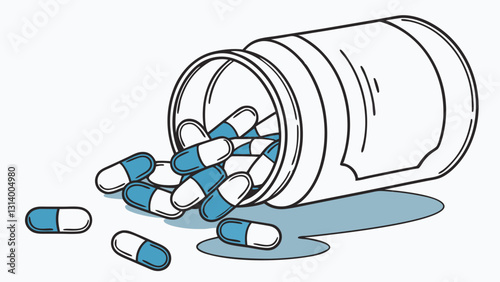 Transparent pill bottle spilling blue and white capsules