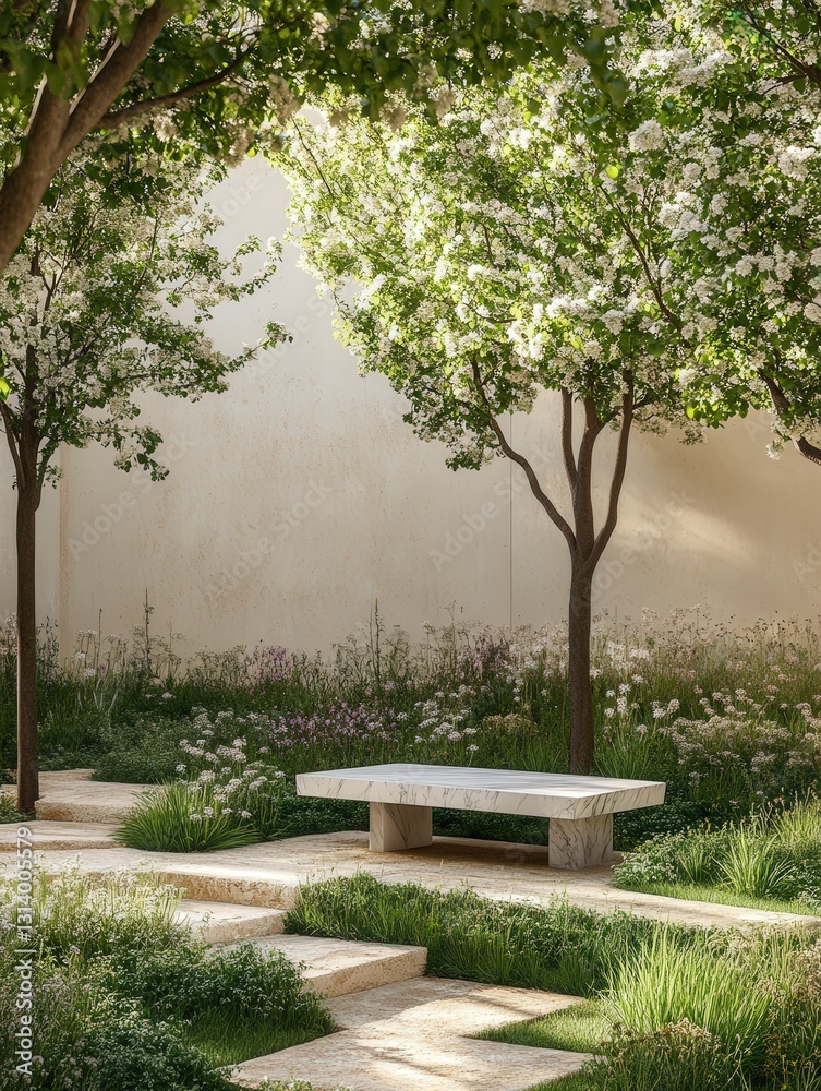 serene landscape design with a marble bench set among various landscape trees. serene landscape design with a marble bench set among various landscape trees.