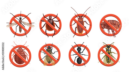Stop insects sign. Mosquito, tick, cockroach in red forbidding circle, flea insec. vector