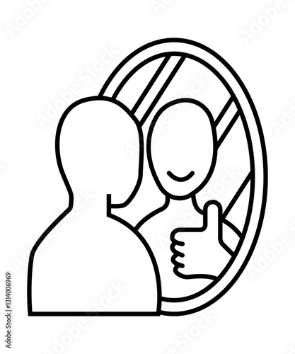Stickman looking in the mirror smiling in front of the mirror. Cartoon stick figure illustration. line art.