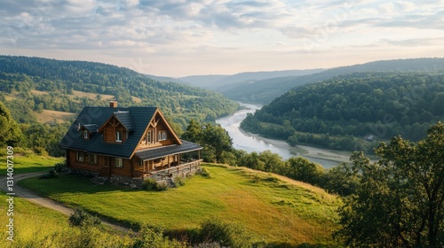 Wooden farmhouse on a hill, overlooking a river winding through the valley