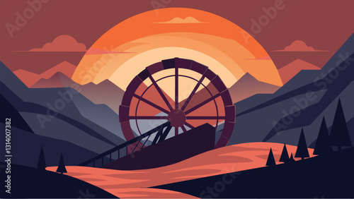 As the sun set behind the mountains the waterwheel continued its hypnotic motion a symbol of the passage of time and the resilience of nature.. Vector illustration