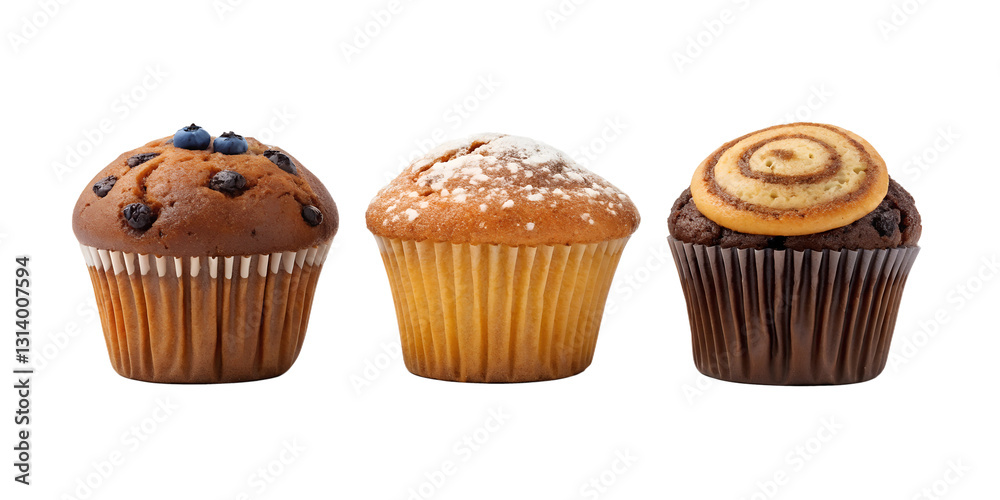 Three Different Styles of Muffin on White Plate for Tempting and Homemade Bakery Photography, Cut Out Three Different Styles of Muffin on White Plate for Tempting and Homemade Bakery Photography, Cut Out