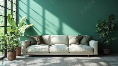 modern living room with soft green walls and sofa interior design empty room copy space background