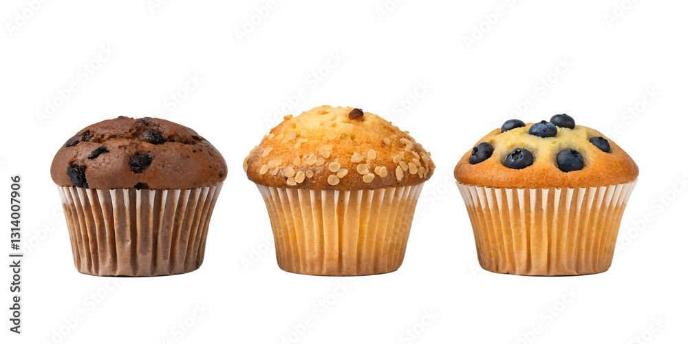 Three Different Styles of Muffin on White Plate for Warm and Tasty Breakfast Photography, Cut Out Three Different Styles of Muffin on White Plate for Warm and Tasty Breakfast Photography, Cut Out