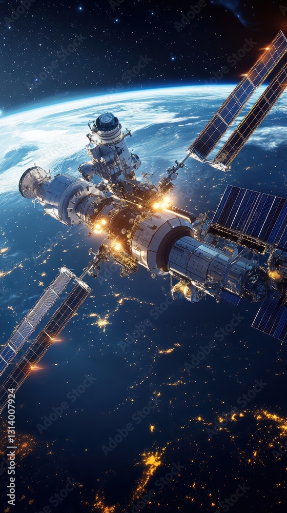 International Space Station Orbiting Earth: A Stunning View of Night Lights and Celestial Wonders