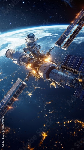Obraz na płótnie International Space Station Orbiting Earth: A Stunning View of Night Lights and Celestial Wonders w salonie