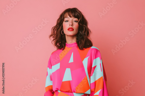 Fashion model posing in colorful geometric dress on pink background