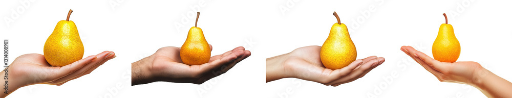 yellow pear in open hand on white background yellow pear in open hand on white background