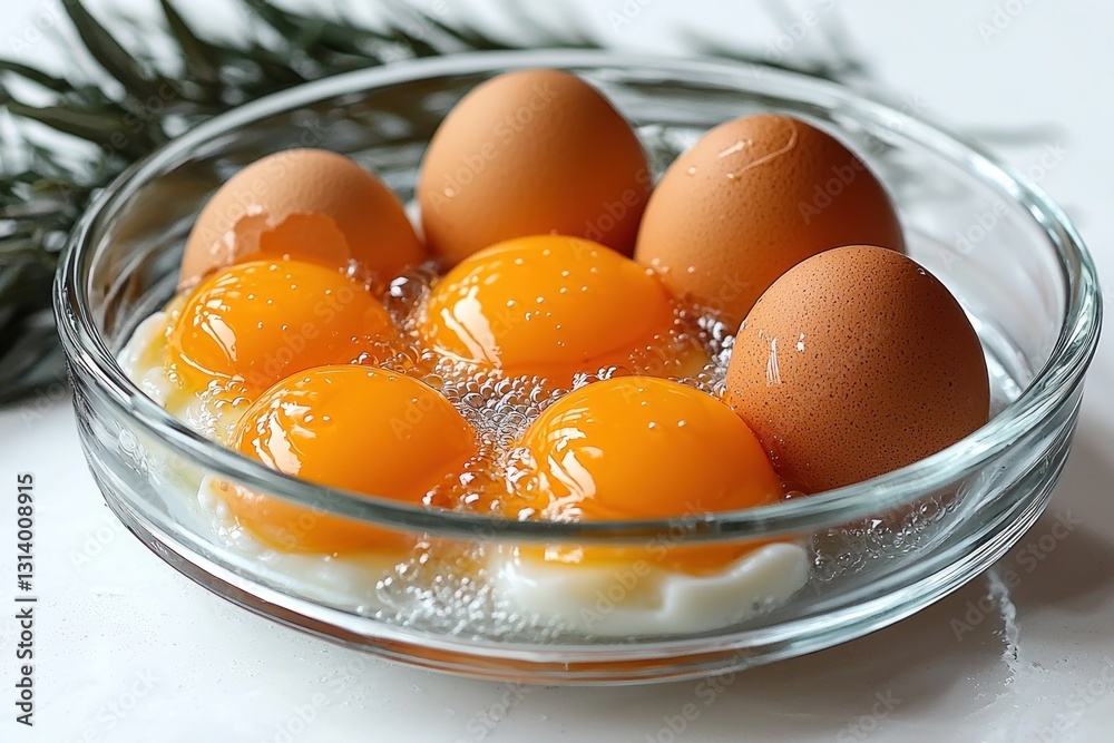Cooking Eggs in a Glass Bowl with Rosemary on White Surface, Food Prep, Still Life Cooking Eggs in a Glass Bowl with Rosemary on White Surface, Food Prep, Still Life