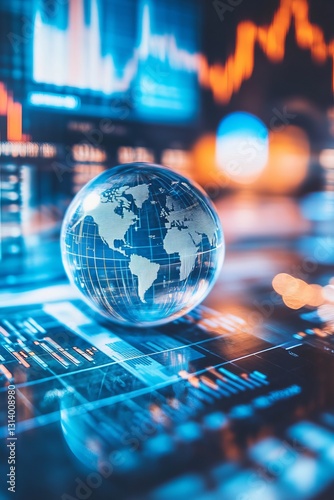 A glass globe representing global business sits atop a digital financial chart. The image illustrates analytics, data trends, and market growth.