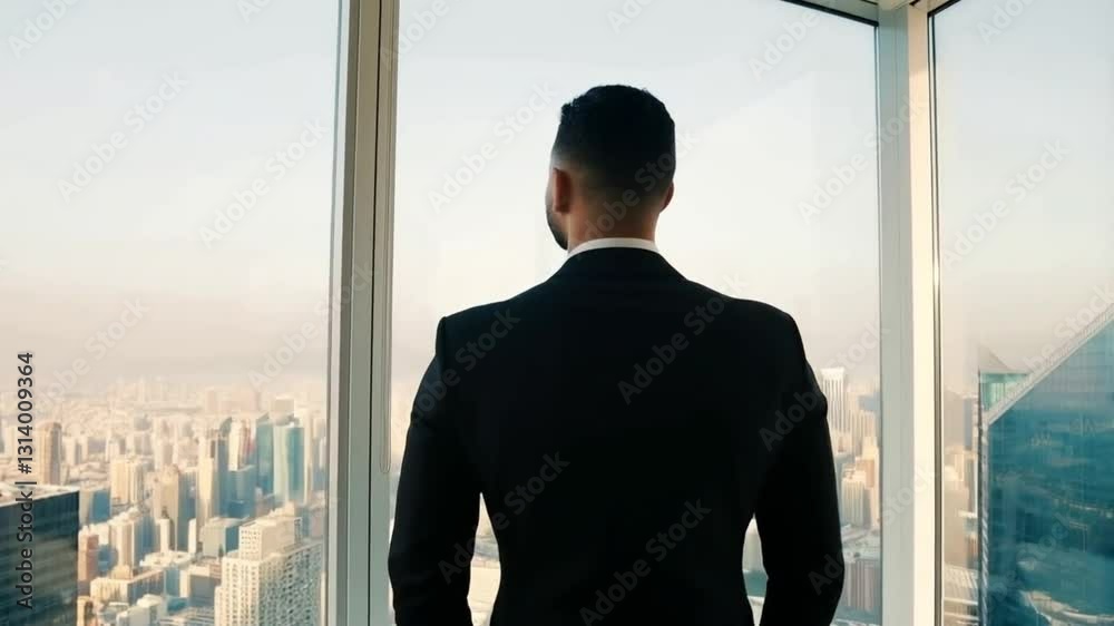 A confident businessman in a suit standing by the window, and looking out at the city skyline from his office A confident businessman in a suit standing by the window, and looking out at the city skyline from his office