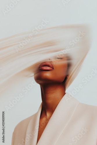 Elegant model posing with flowing fabric, fashion and beauty portrait photo