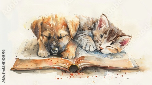 Adorable watercolor painting of a puppy and a kitten napping on a Bible symbolizing peace and harmony