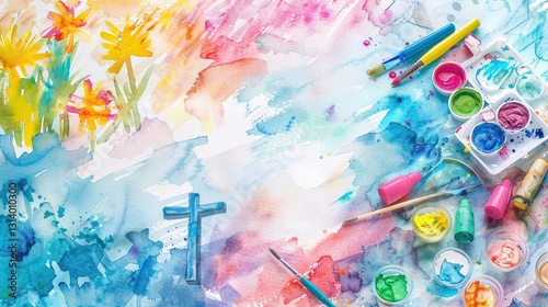 Bright and cheerful watercolor painting of a Sunday school craft day with children creating cute Christian crafts