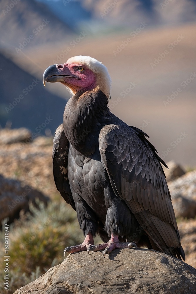 California condor, powerful mood, standing on rock, rugged mountainous background
California condor, powerful mood, standing on rock, rugged mountainous background