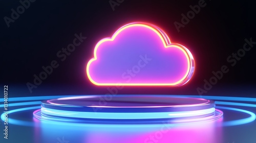 Abstract Neon Cloud Icon Illuminated in a Dark Background with a Futuristic Circular Platform