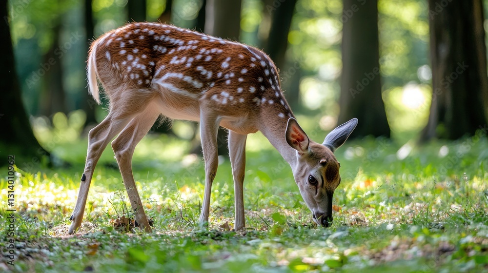 Young deer grazing in a sun-dappled forest. Young deer grazing in a sun-dappled forest.