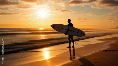 Silhouette of a surfer holding a board at sunset, captured from a low angle. The video evokes a serene, adventurous beach vibe. Live desktop wallpaper.
