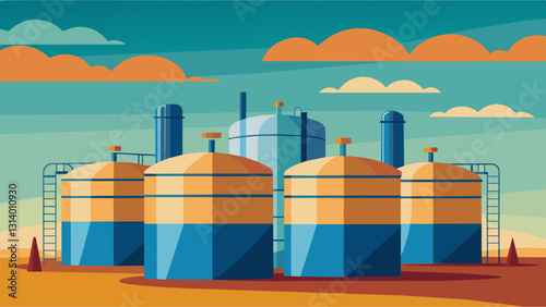 Proudly standing tall against the horizon these storage tanks are a constant reminder of the vast resources of natural gas lying beneath the surface.. Vector illustration