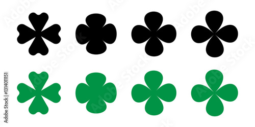 A set of black and green four-leaf clover symbols arranged in two rows on a white background, representing luck and Irish heritage. Vector illustration