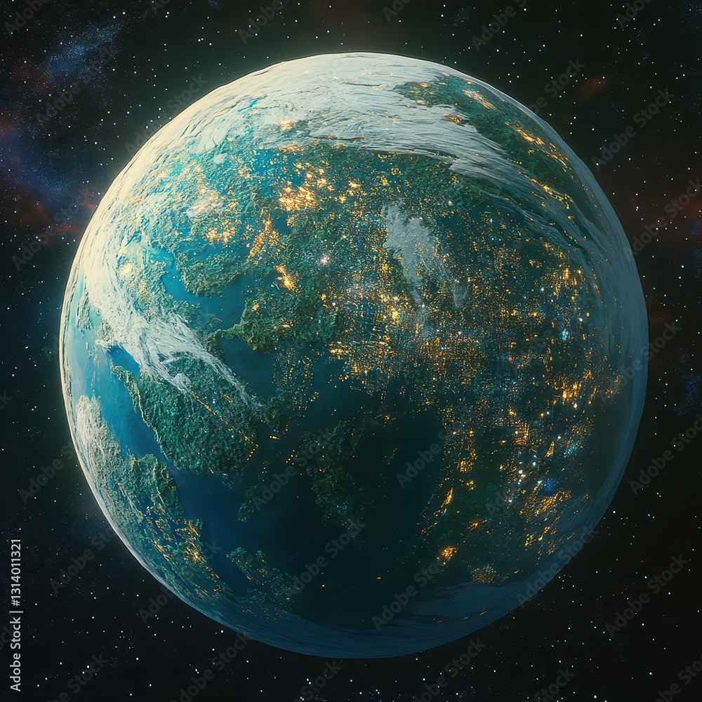 Fototapeta premium A stunning image of a vibrant planet illuminated by countless lights, showcasing a dazzling array of colors and patterns, resembling a bustling metropolis from space at night.