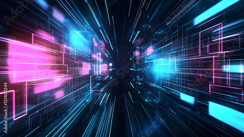 3D Rendered Futuristic Neon Tunnel With Vibrant Blue And Pink Lights Creating A Dynamic Abstract Data Stream Visualization
