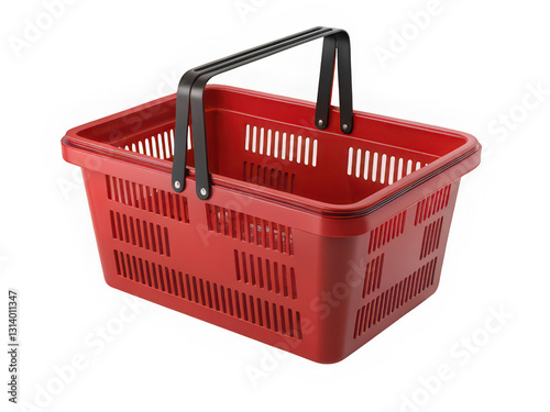 Red Plastic Shopping Basket with Black Handles - Empty Retail Store Grocery Carrier on White Background