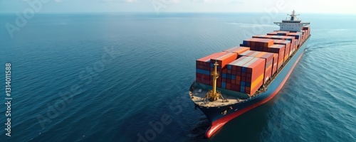 Aerial view of container ship carrying colorful container boxes for global business cargo freight shipping commercial trade, logistic transportation oversea worldwide, blue ocean container vessel.