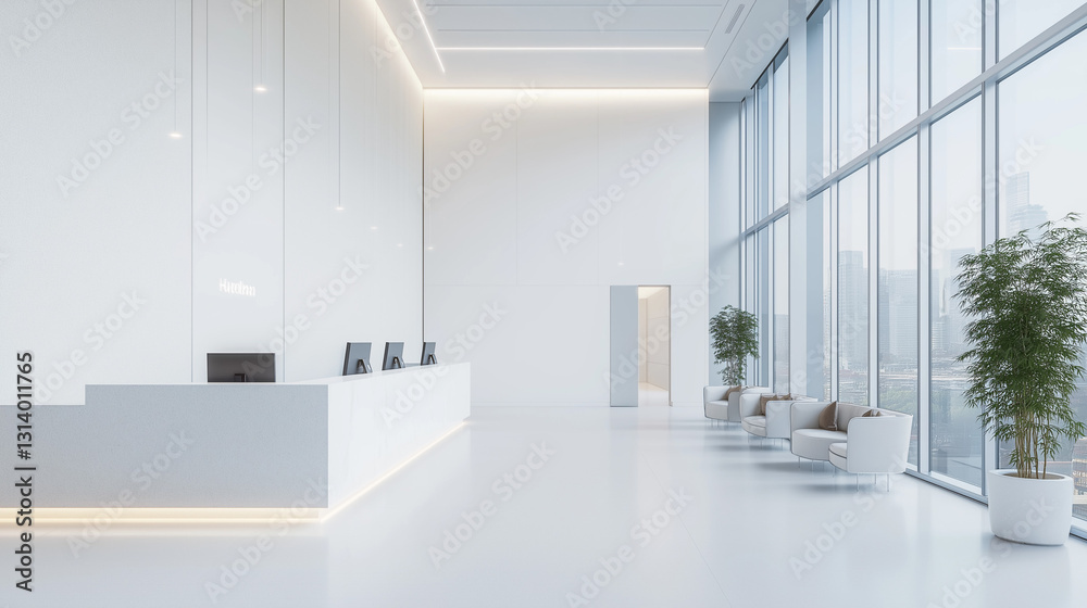 Sleek White-Walled Office Lobby with Contemporary Furnishings, bathed in Calm, Soft Diffused Lighting Sleek White-Walled Office Lobby with Contemporary Furnishings, bathed in Calm, Soft Diffused Lighting