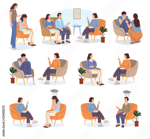 Psychological help. A set of people visit a psychologist. SessioFamily psychologist. Reception at the psychologist. Conversation.  Flat vector illustration