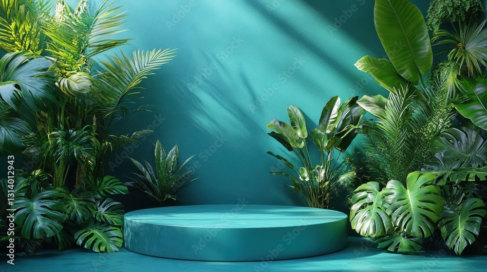 modern podium sits in front of a cyan background with tropical plants modern podium sits in front of a cyan background with tropical plants