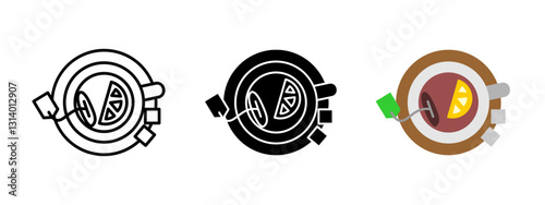 Tea cup top view icon. Hot beverage with teabag and lemon slice vector illustration. Herbal drink, relaxation and refreshment symbol. Organic and aromatic tea vector pictogram for cafe or menu design