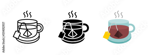 Black tea bag cup icon. Steaming hot tea symbol with herbal infusion. Glass mug with organic and fresh brewing. Relaxing and healthy beverage vector pictogram for cafe, kitchen and drink branding.